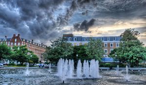 Preview wallpaper baden, wurttemberg, fountain, buildings, sky, cloudy