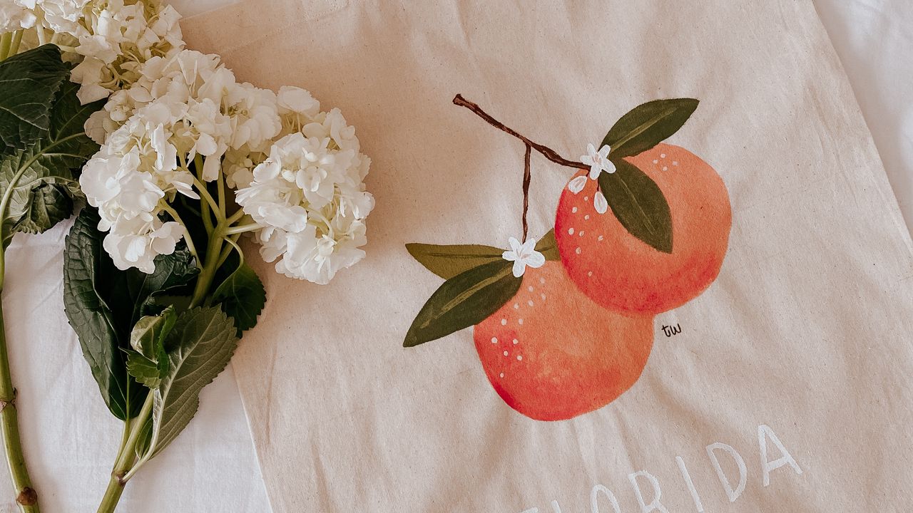 Wallpaper bag, peaches, inscription, flowers, design