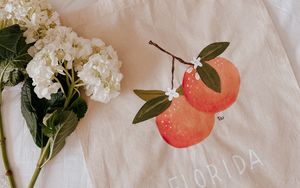 Preview wallpaper bag, peaches, inscription, flowers, design
