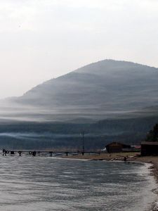 Preview wallpaper baikal, lake, coast, mountain, haze