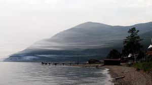 Preview wallpaper baikal, lake, coast, mountain, haze