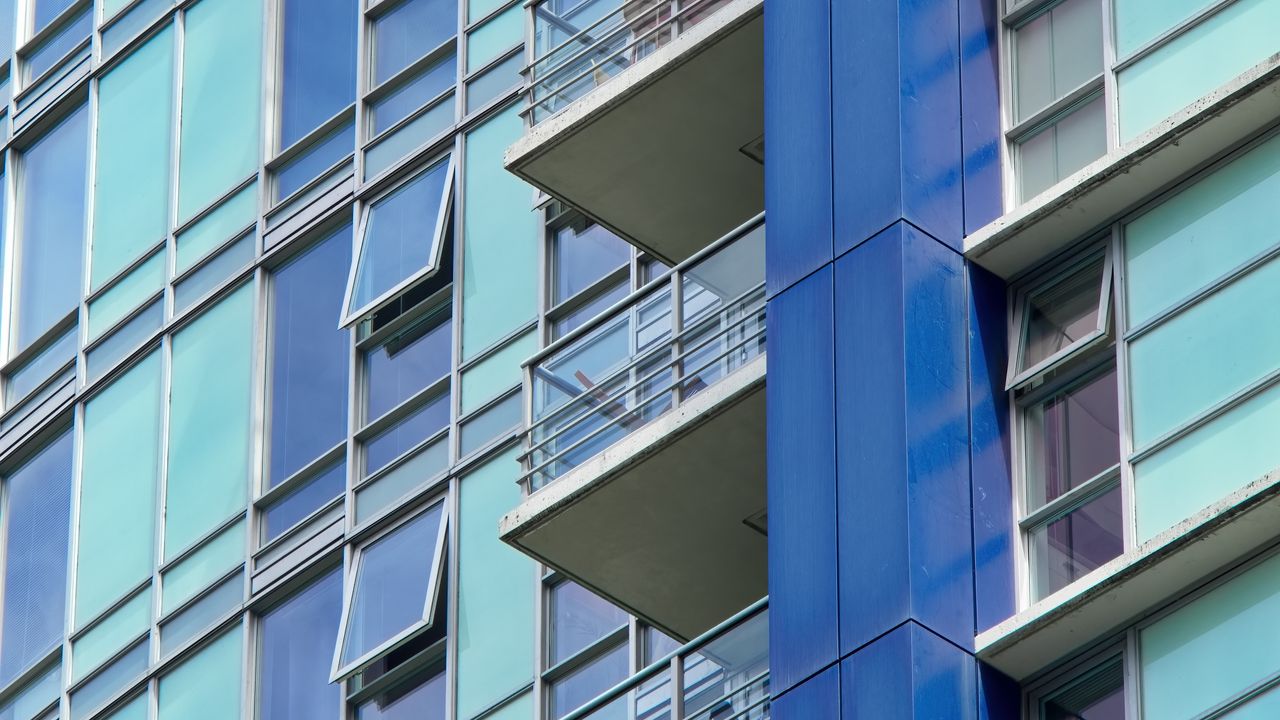 Wallpaper balconies, facade, windows, glass, blue