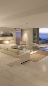 Preview wallpaper balcony, sofas, interior design, apartment, room, suite, sea, ocean, landscape, penthouse, desk, tv