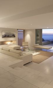 Preview wallpaper balcony, sofas, interior design, apartment, room, suite, sea, ocean, landscape, penthouse, desk, tv