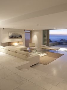 Preview wallpaper balcony, sofas, interior design, apartment, room, suite, sea, ocean, landscape, penthouse, desk, tv