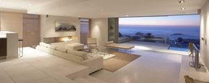 Preview wallpaper balcony, sofas, interior design, apartment, room, suite, sea, ocean, landscape, penthouse, desk, tv