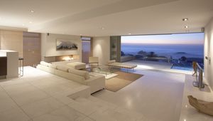 Preview wallpaper balcony, sofas, interior design, apartment, room, suite, sea, ocean, landscape, penthouse, desk, tv