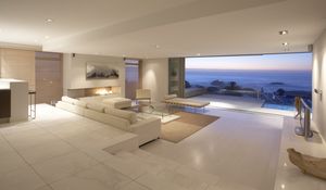 Preview wallpaper balcony, sofas, interior design, apartment, room, suite, sea, ocean, landscape, penthouse, desk, tv