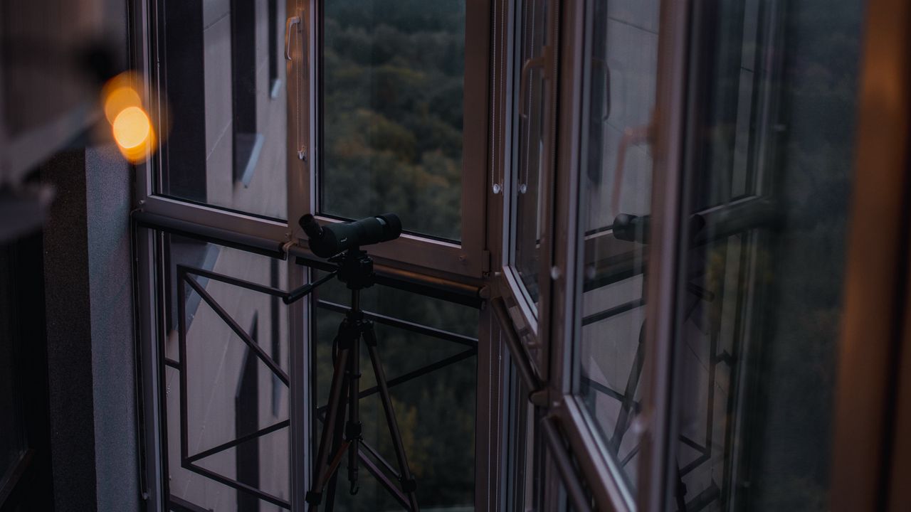 Wallpaper balcony, window, telescope, garland, glare