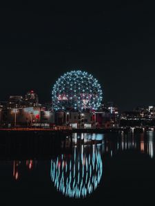 Preview wallpaper ball, construction, night city, lights, reflection