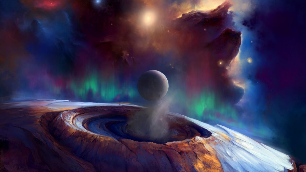 Wallpaper ball, crater, clouds, galaxy, glow, art