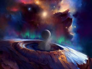 Preview wallpaper ball, crater, clouds, galaxy, glow, art