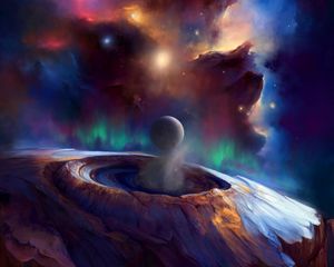 Preview wallpaper ball, crater, clouds, galaxy, glow, art