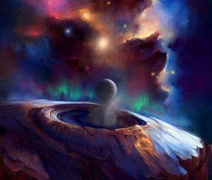 Preview wallpaper ball, crater, clouds, galaxy, glow, art