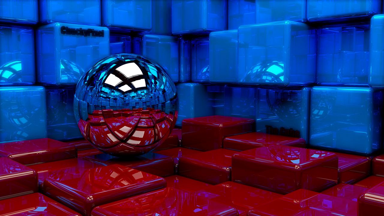 Wallpaper ball, cubes, metal, blue, red, reflection