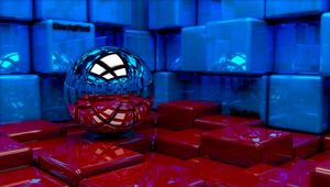 Preview wallpaper ball, cubes, metal, blue, red, reflection