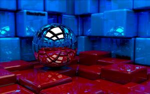 Preview wallpaper ball, cubes, metal, blue, red, reflection