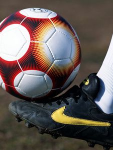 Preview wallpaper ball, foot, football, football boots, field