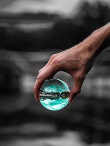 Preview wallpaper ball, glass, hand, transparent, reflection