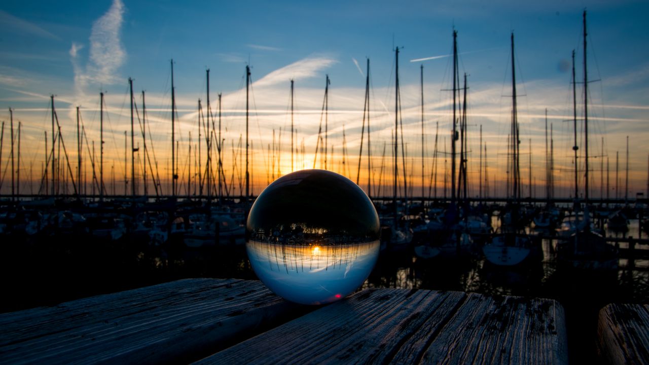 Wallpaper ball, glass, reflection, sunset, pier