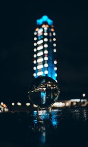 Preview wallpaper ball, glass, reflection, glare, bokeh, night