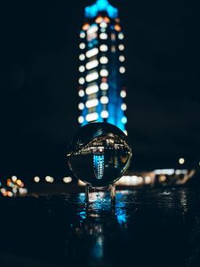 Preview wallpaper ball, glass, reflection, glare, bokeh, night