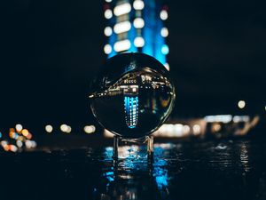 Preview wallpaper ball, glass, reflection, glare, bokeh, night