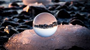 Preview wallpaper ball, glass, shore, reflection, stones