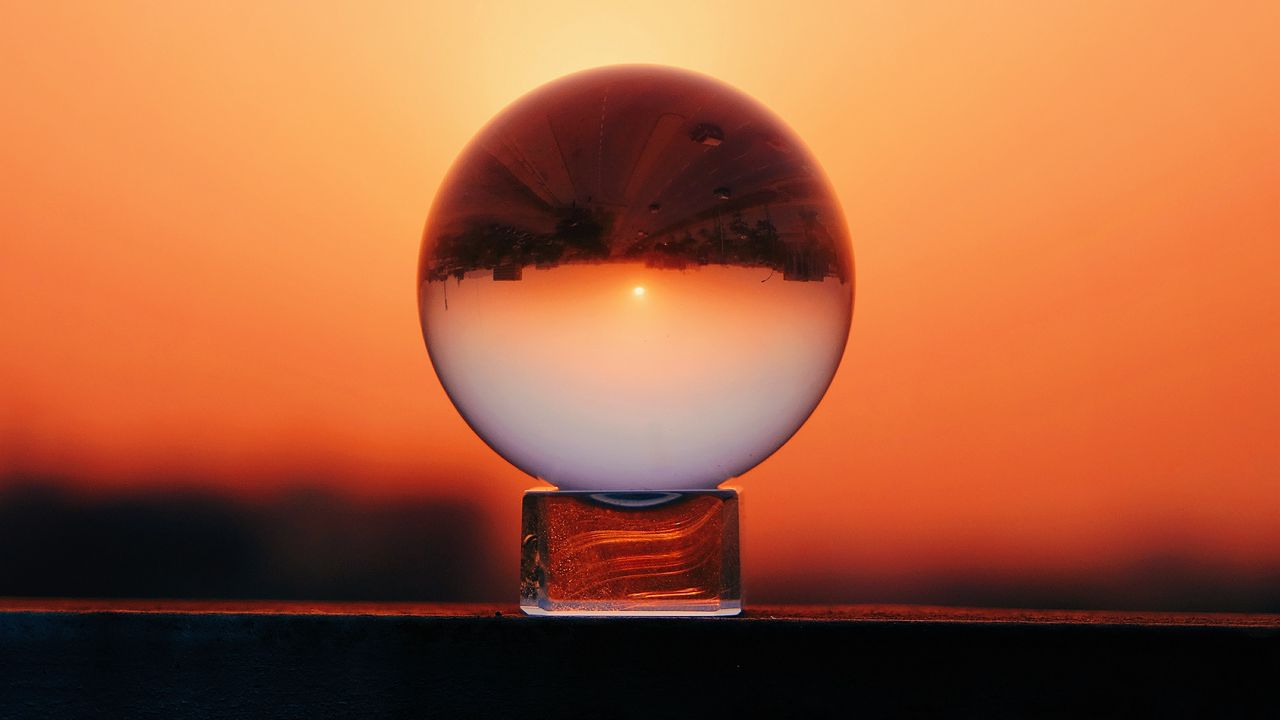 Wallpaper ball, glass, sunset, reflection, sky, macro