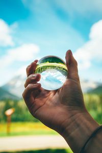 Preview wallpaper ball, reflection, hand, trees