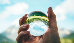 Preview wallpaper ball, reflection, hand, trees
