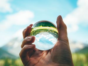 Preview wallpaper ball, reflection, hand, trees