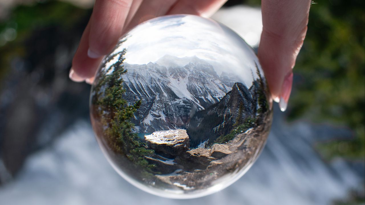 Wallpaper ball, reflection, mountains, nature, hand