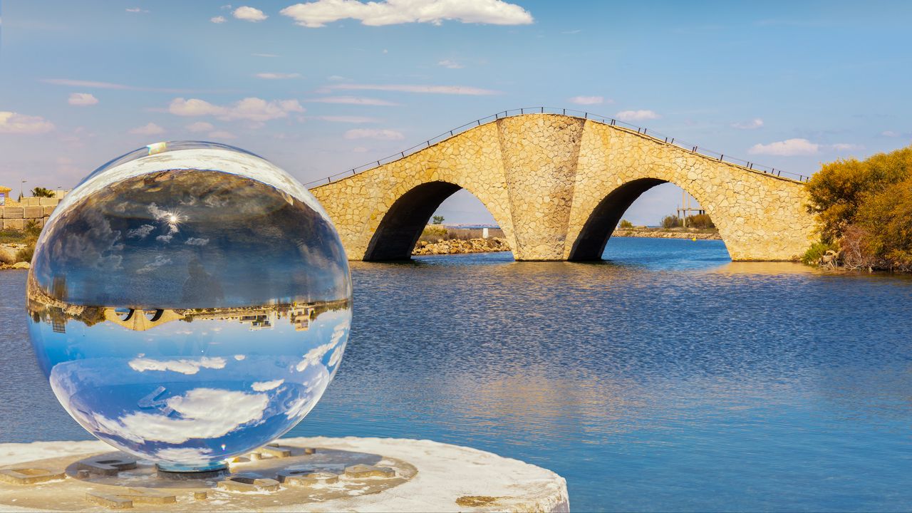 Wallpaper ball, river, bridge, clouds, reflection
