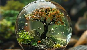 Preview wallpaper ball, tree, transparent, bubbles, landscape