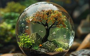Preview wallpaper ball, tree, transparent, bubbles, landscape