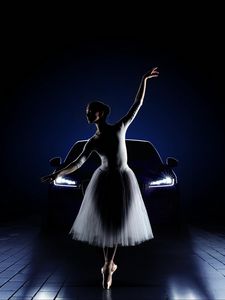 Preview wallpaper ballerina, car, girl, lights, jaguar