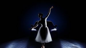 Preview wallpaper ballerina, car, girl, lights, jaguar