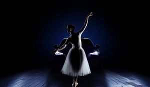 Preview wallpaper ballerina, car, girl, lights, jaguar