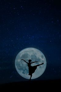 Preview wallpaper ballerina, full moon, silhouette, starry sky, night