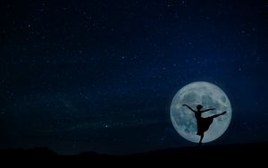 Preview wallpaper ballerina, full moon, silhouette, starry sky, night