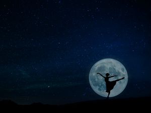 Preview wallpaper ballerina, full moon, silhouette, starry sky, night