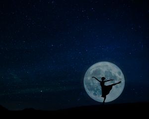 Preview wallpaper ballerina, full moon, silhouette, starry sky, night