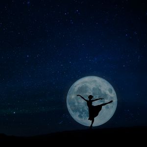 Preview wallpaper ballerina, full moon, silhouette, starry sky, night