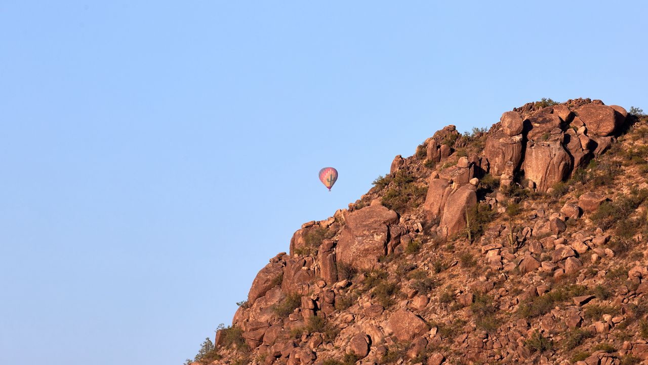 Wallpaper balloon, rock, mountains, sky