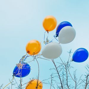 Preview wallpaper balloons, colorful, branches, tree, sky