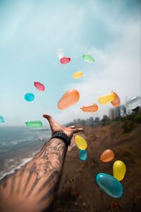 Preview wallpaper balloons, hand, multicolored, flight, tattoo