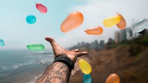 Preview wallpaper balloons, hand, multicolored, flight, tattoo