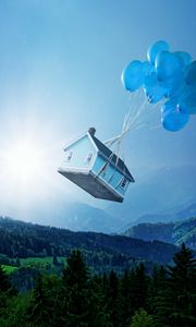Preview wallpaper balloons, house, flight, fantasy, forest