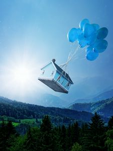 Preview wallpaper balloons, house, flight, fantasy, forest